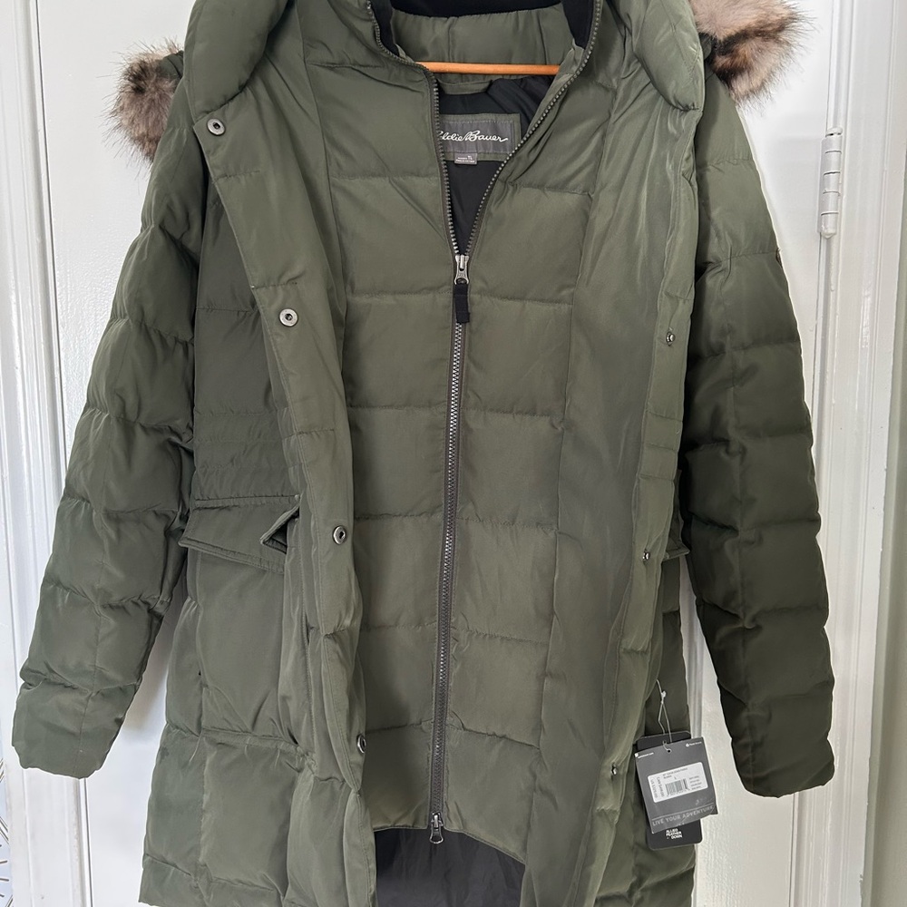 Eddie Bauer Dark Green Jacket with Faux Fur Trim